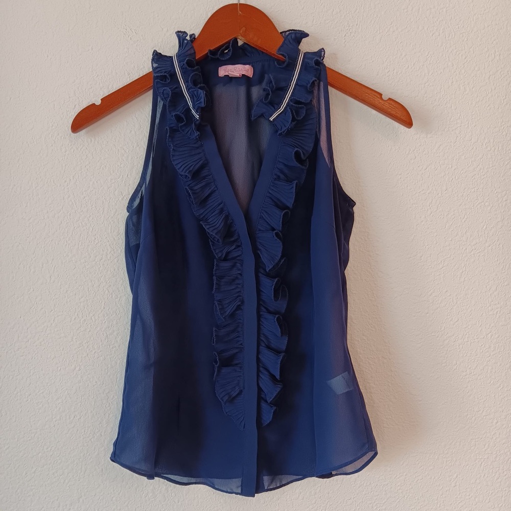 Lilly Pulitzer Womens Top Sz 0/XS Ruffles Finnias Navy Sleeveless button front
